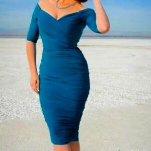 Pinup Girl couture royal blue Monica wiggle dress ruched nwt 2x rare color